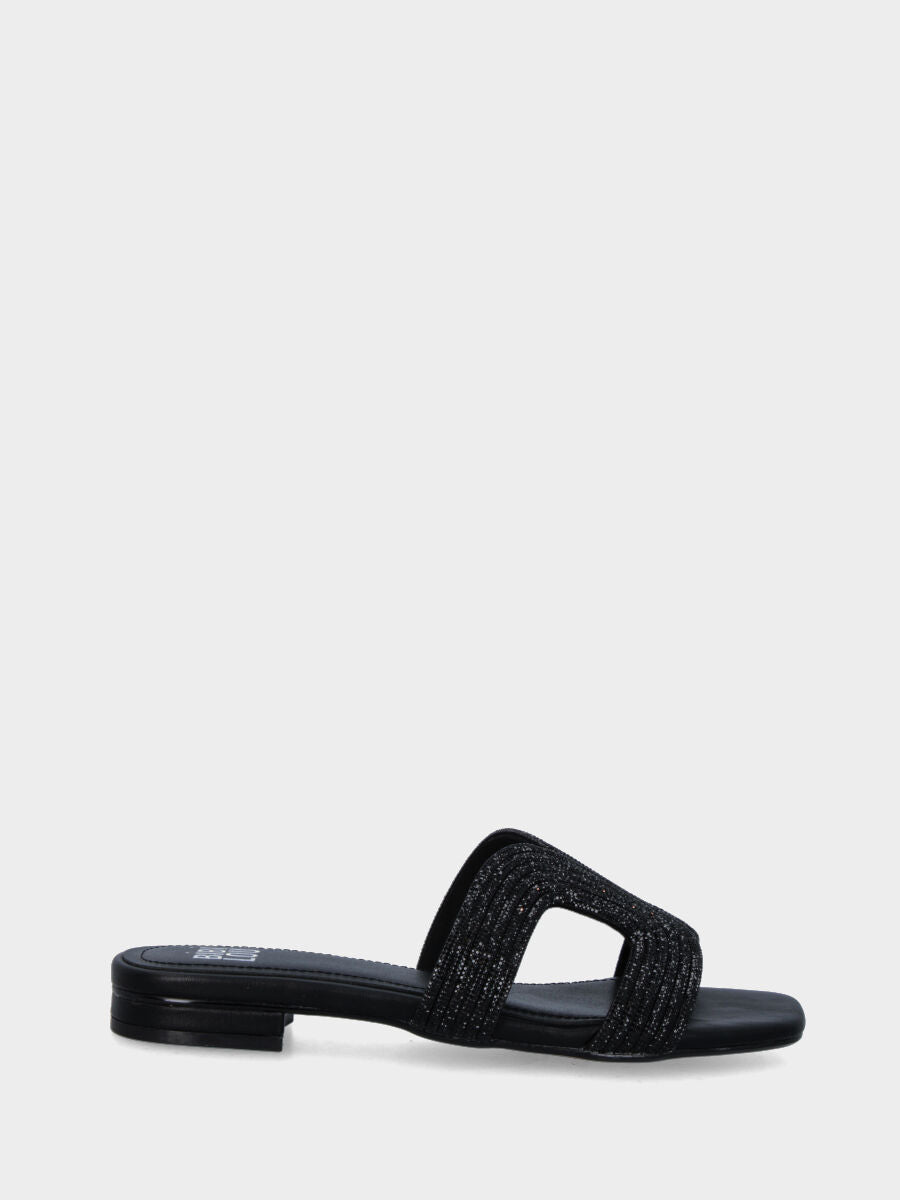 Mule noire en cuir avec bandes arquées de strass