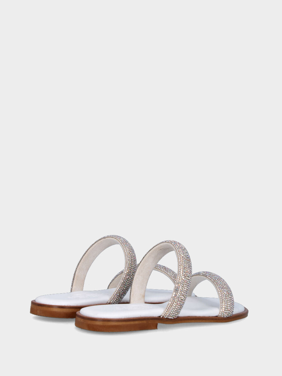 Sandalo bianco in pelle con listini bombati di strass