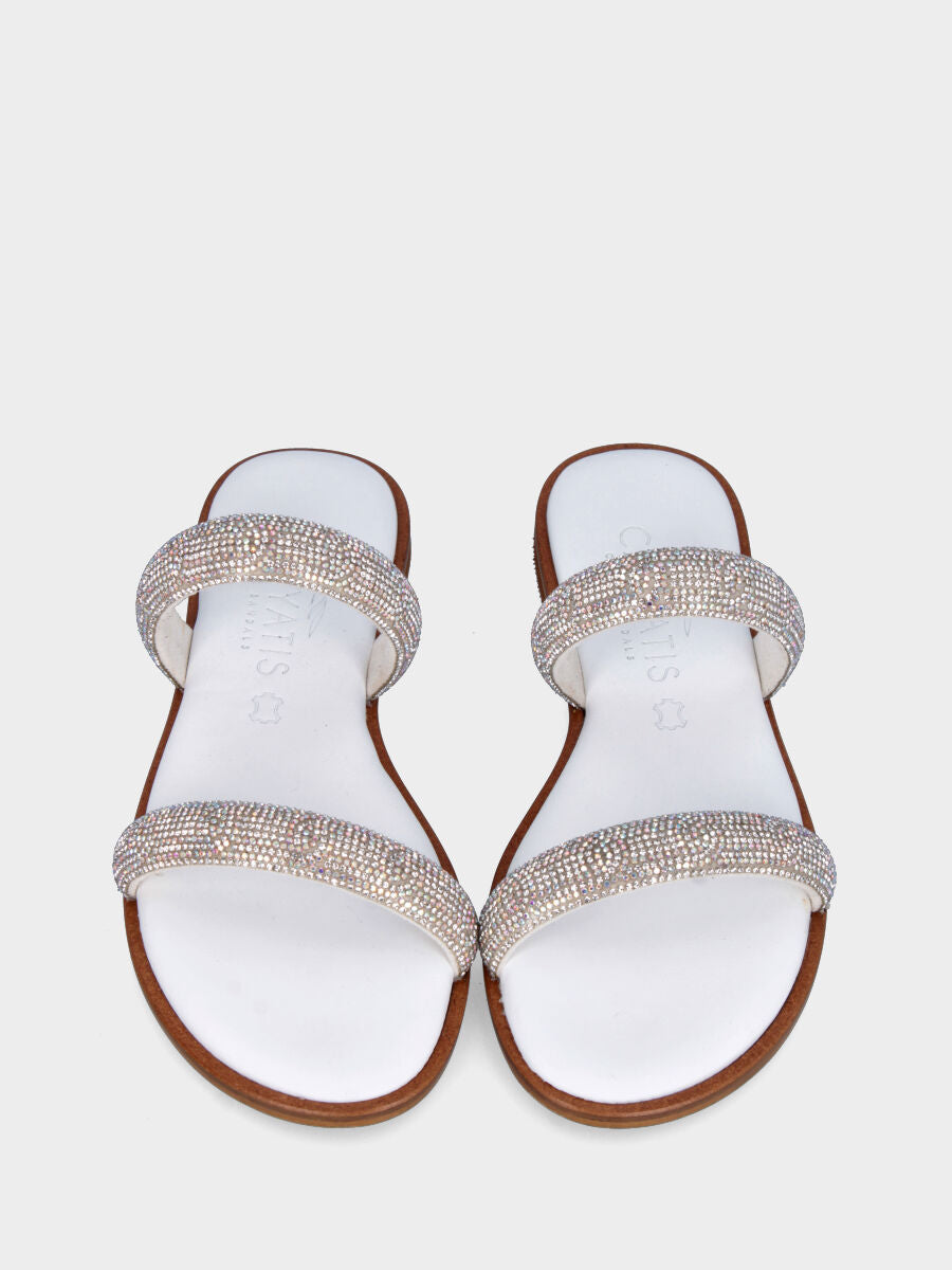 Sandalo bianco in pelle con listini bombati di strass