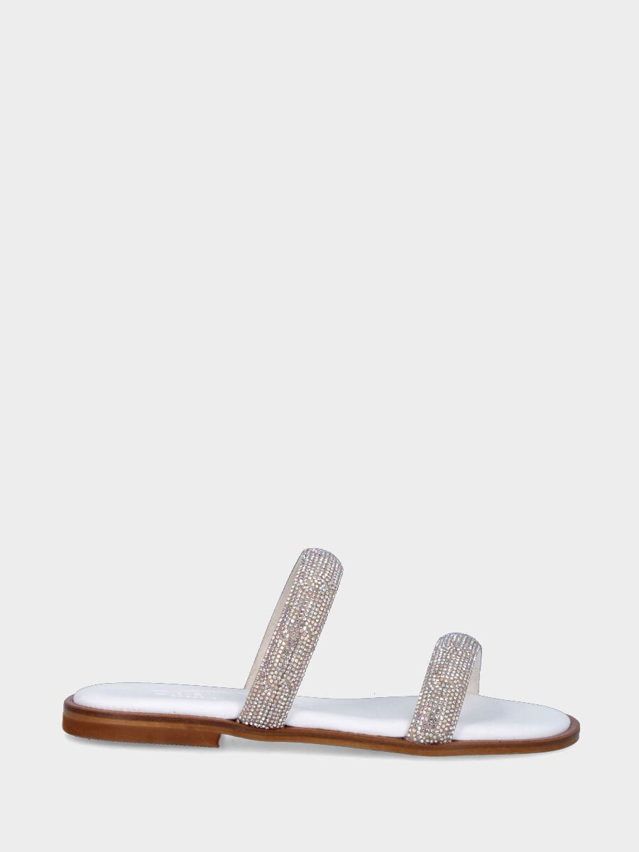 Sandalo bianco in pelle con listini bombati di strass