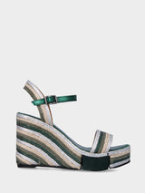Sandalo verde multicolor in corda con zeppa