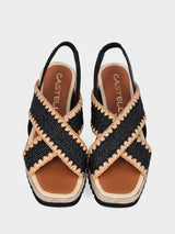 Sandalo bicolor beige in rafia con fasce incrociate e zeppa in corda