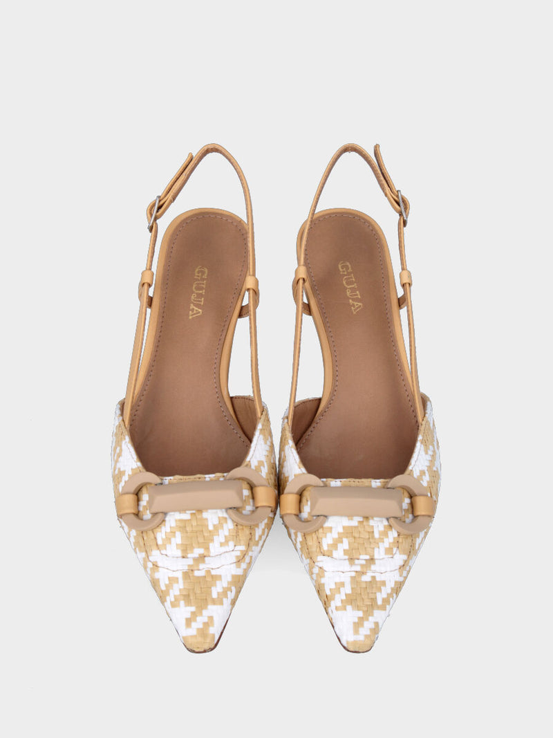 Slingback beige in rafia intrecciata stampa pied de poule