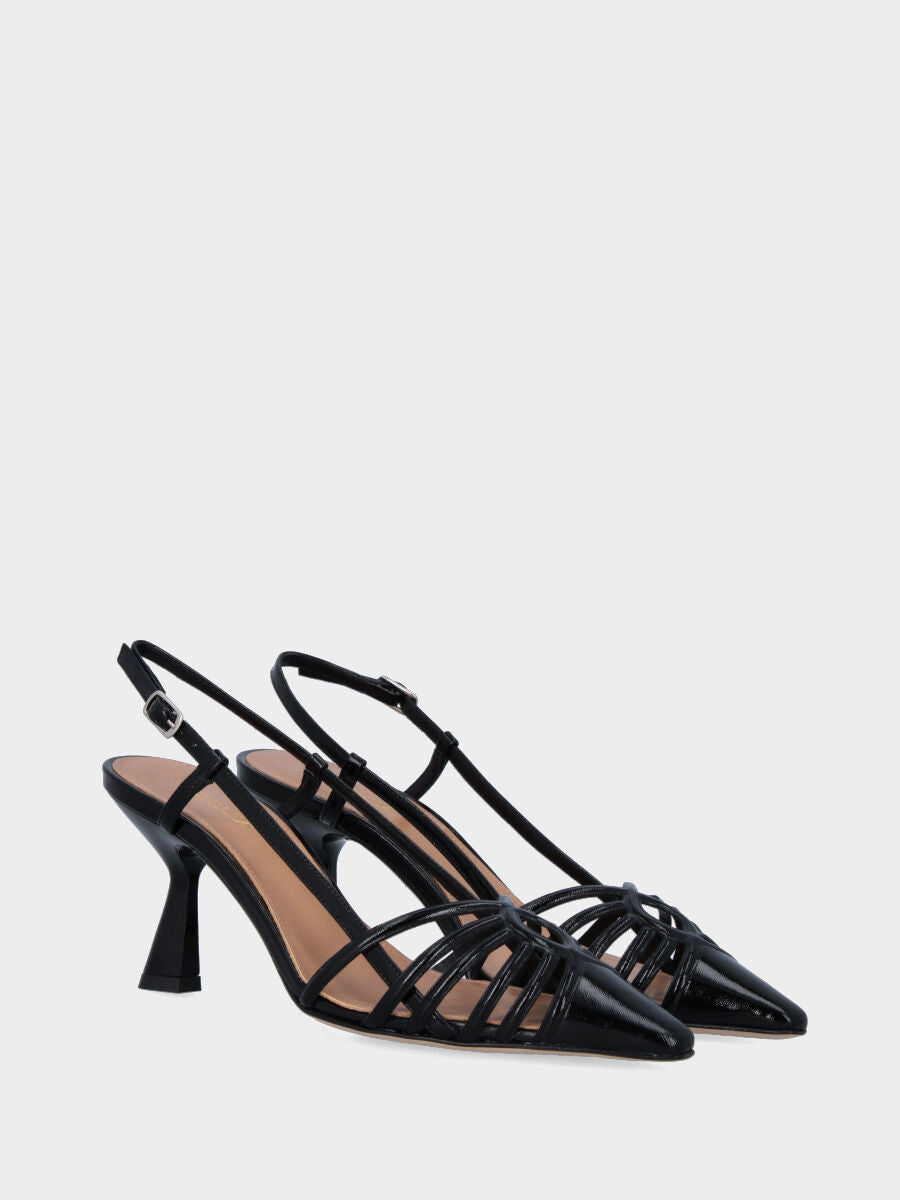 Escarpin slingback noir en vernis avec lanières en arc