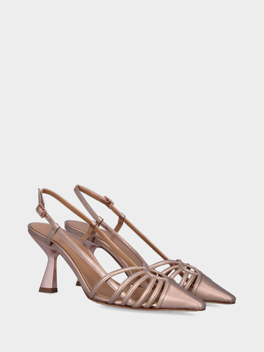 Slingback oro in pelle laminata con listini a raggio