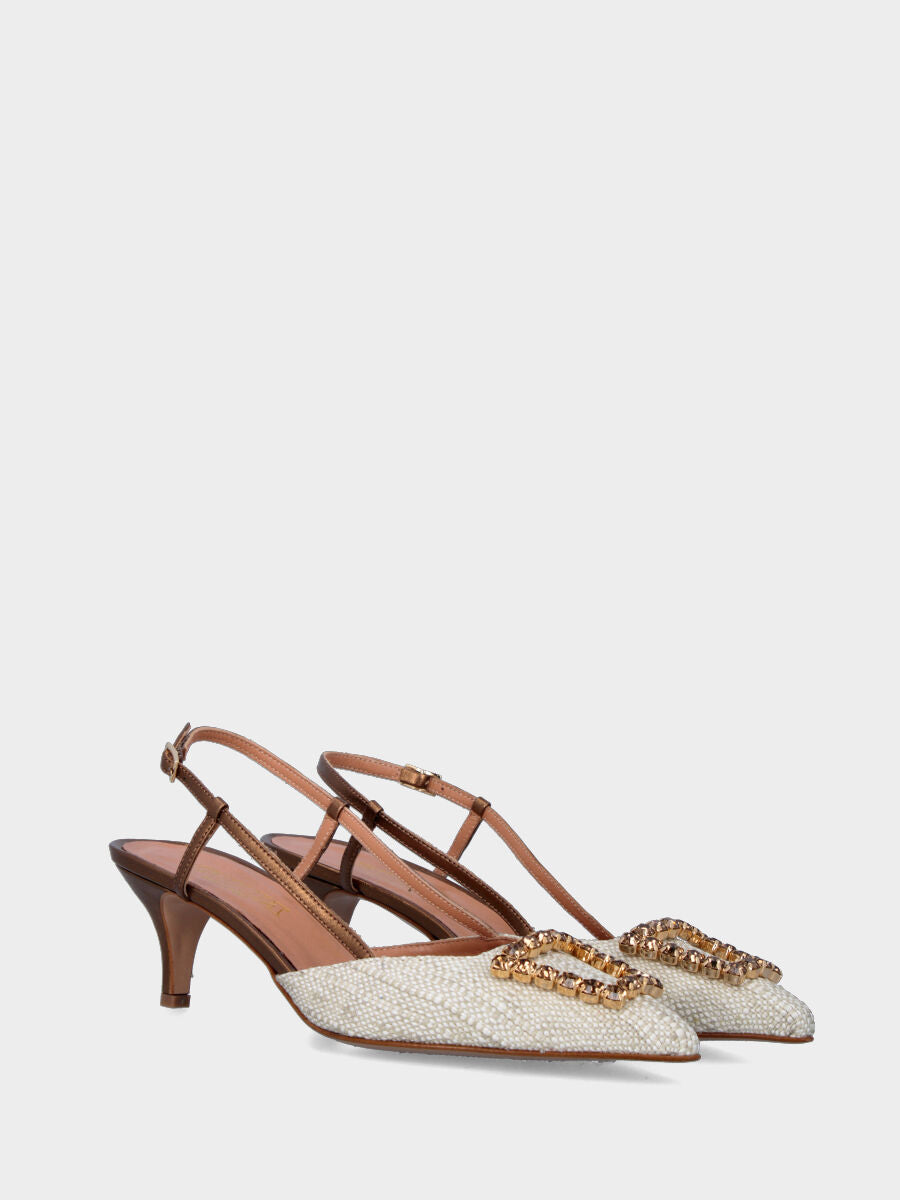 Slingback bronzo con tomaia in tessuto e accessorio gioiello