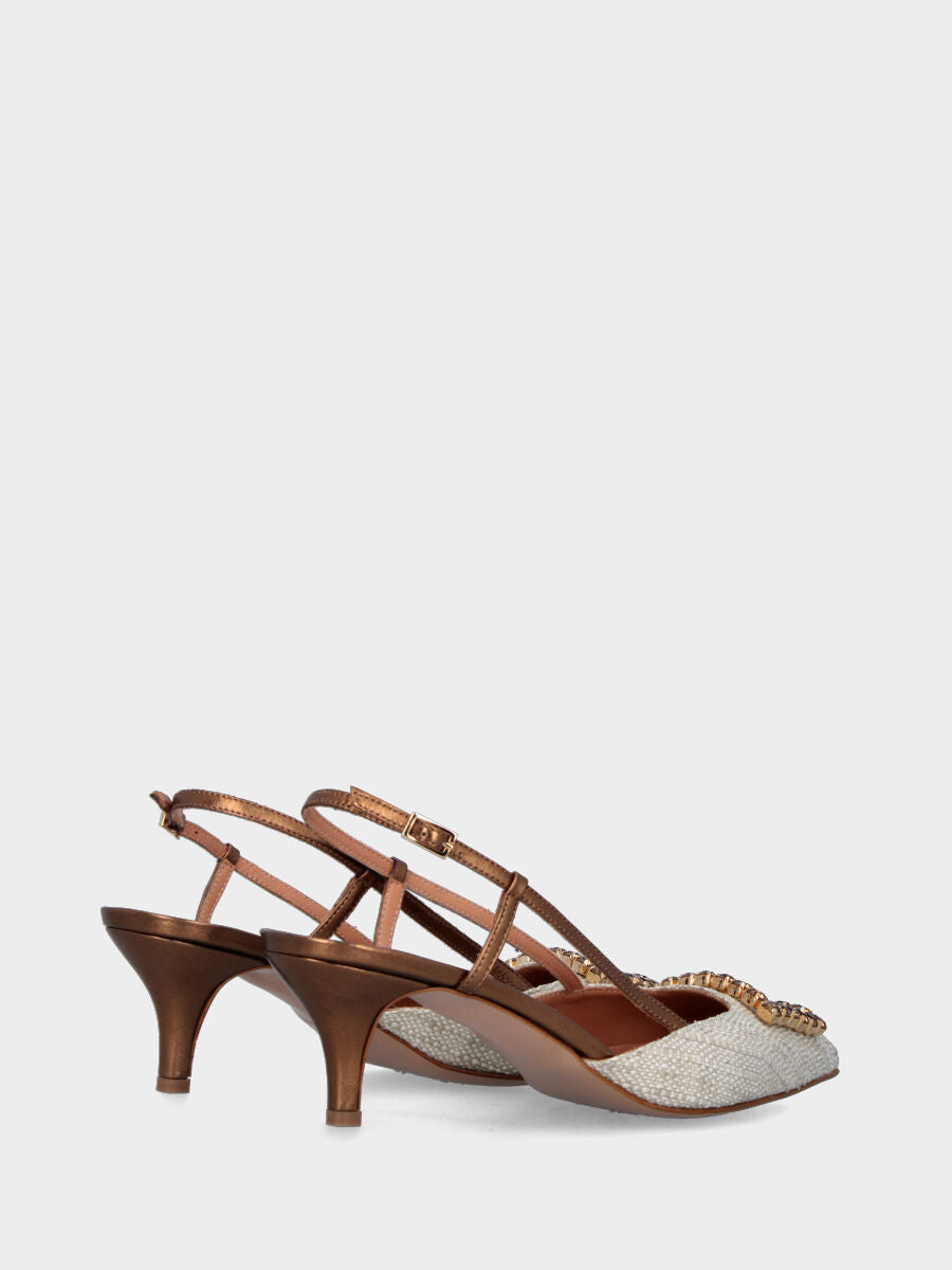Slingback bronzo con tomaia in tessuto e accessorio gioiello