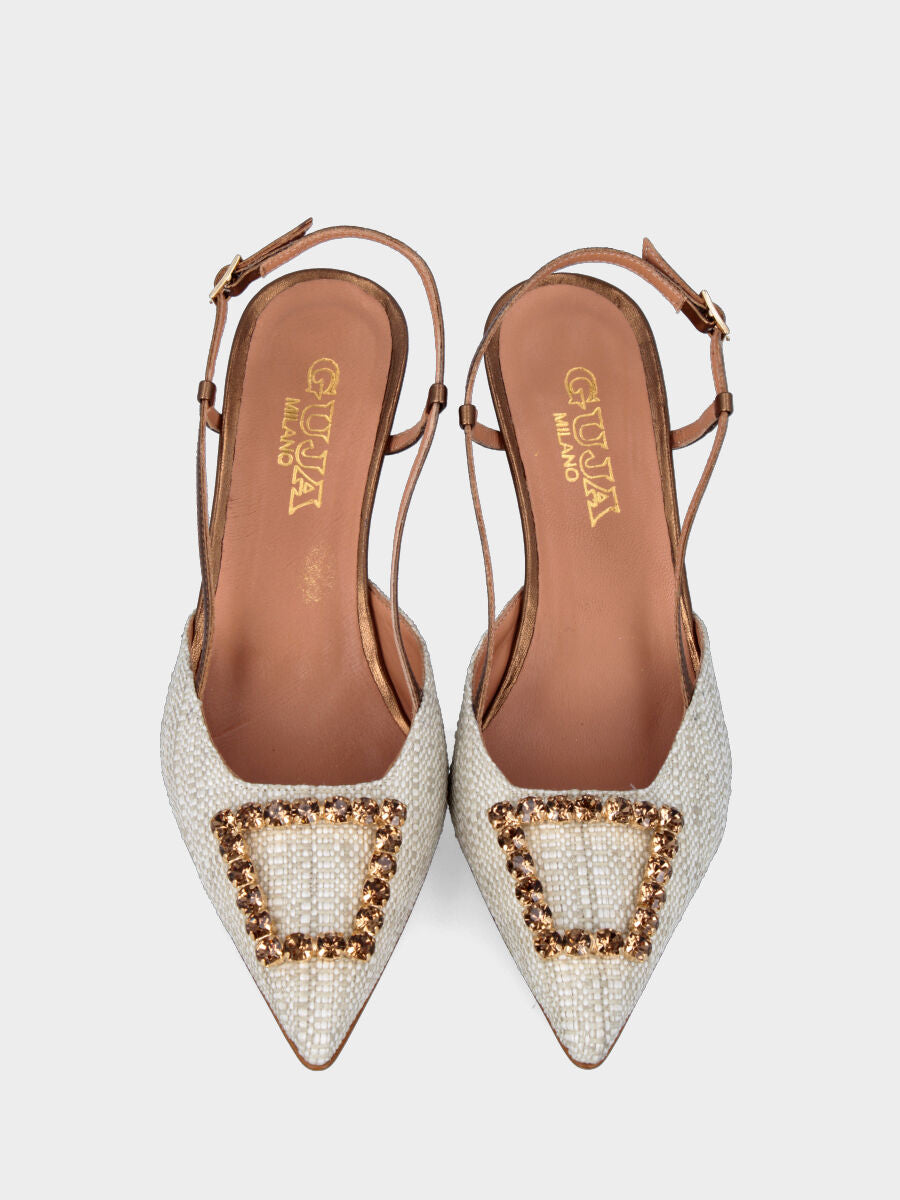 Slingback bronzo con tomaia in tessuto e accessorio gioiello