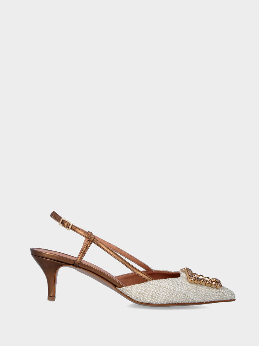 Slingback bronzo con tomaia in tessuto e accessorio gioiello