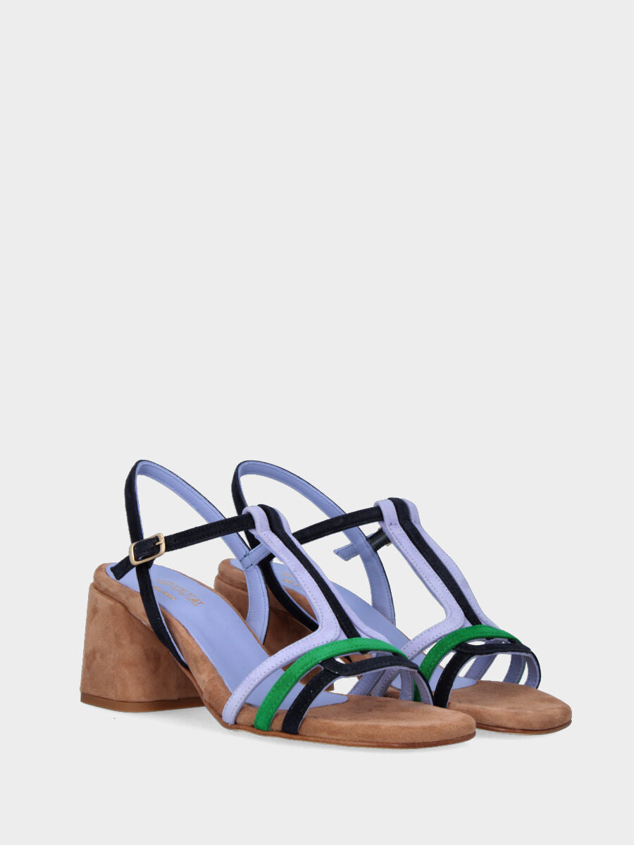 Sandalo multicolor celeste, blu e verde in pelle con listini arcuati