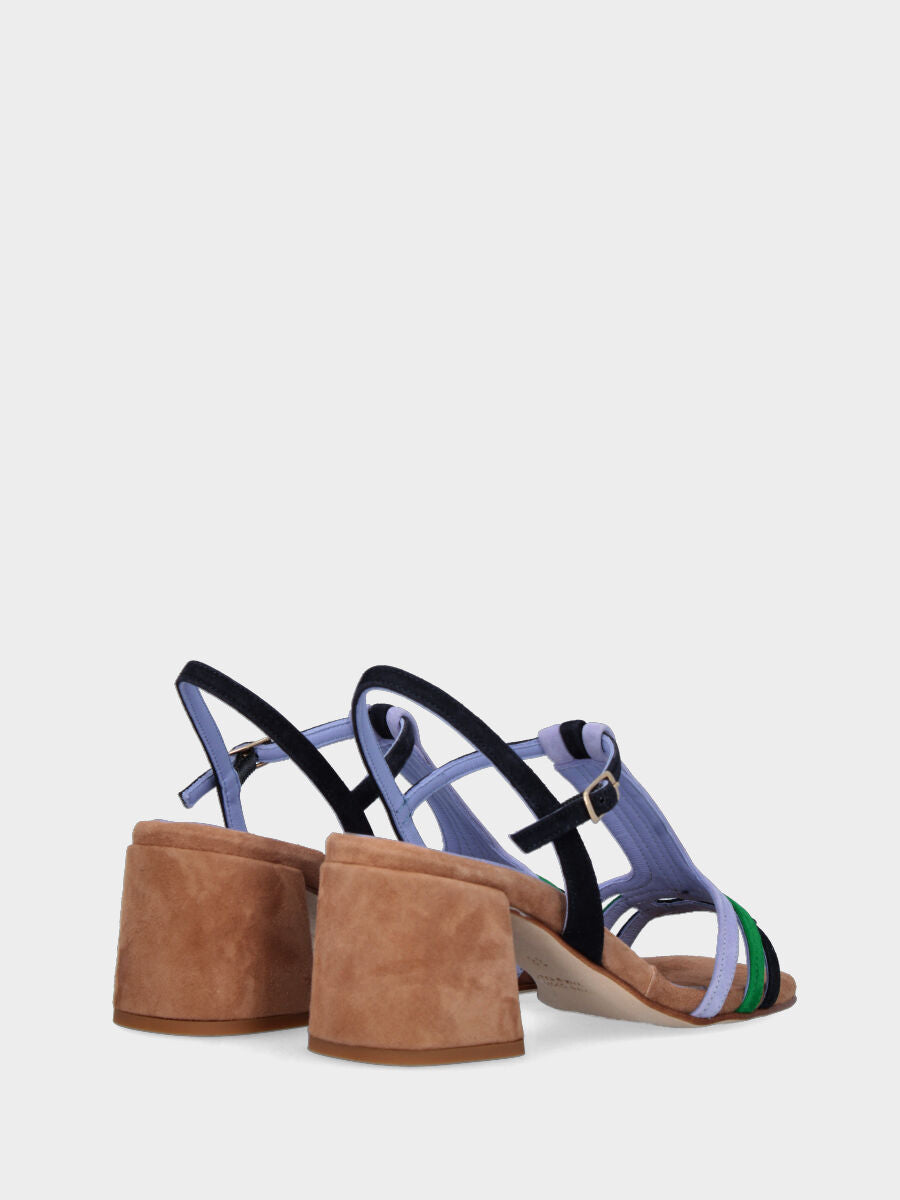 Sandalo multicolor celeste, blu e verde in pelle con listini arcuati
