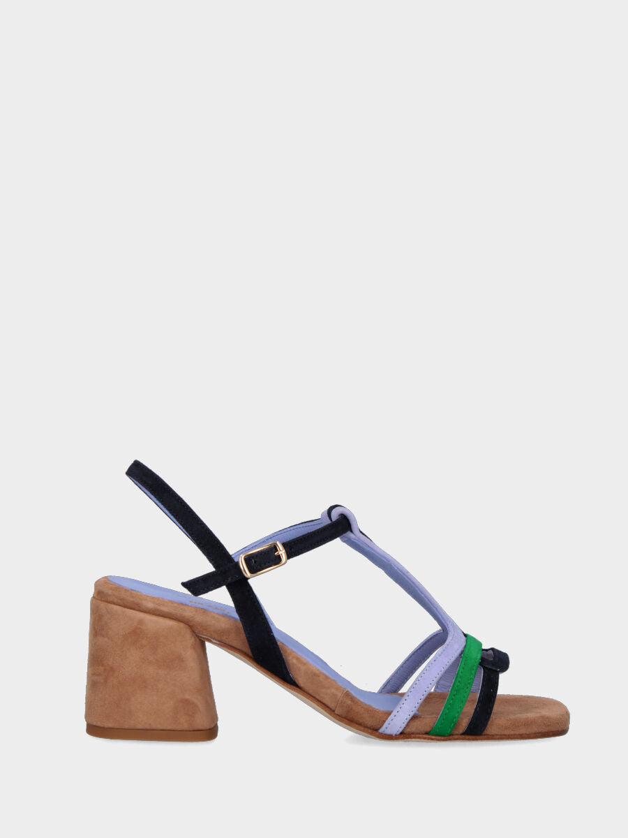 Sandalo multicolor celeste, blu e verde in pelle con listini arcuati