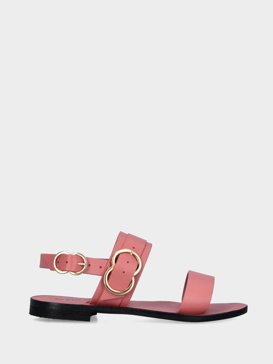Sandalo rosa in pelle con doppie fasce e fibbie circolari