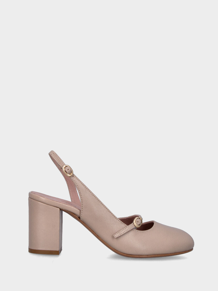 Slingback blanc cassé en cuir à bout rond et talon large