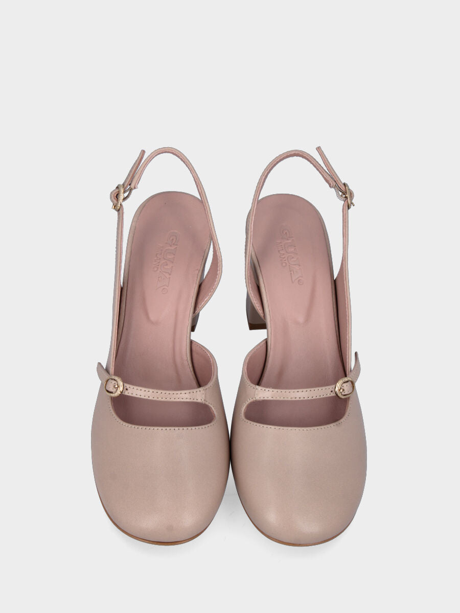 Slingback blanc cassé en cuir à bout rond et talon large