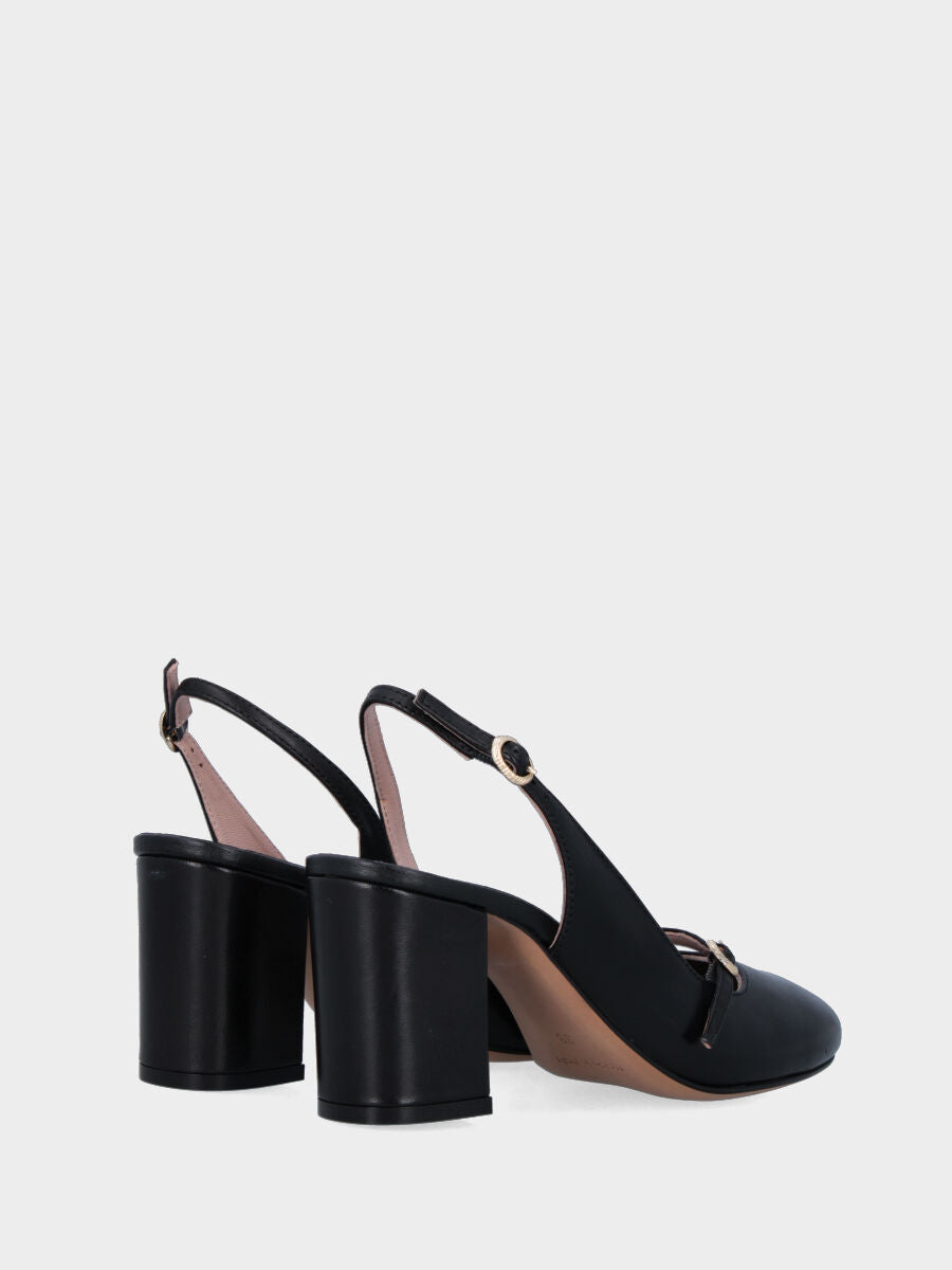 Schwarzer Slingback aus Leder mit runder Spitze und breitem Absatz