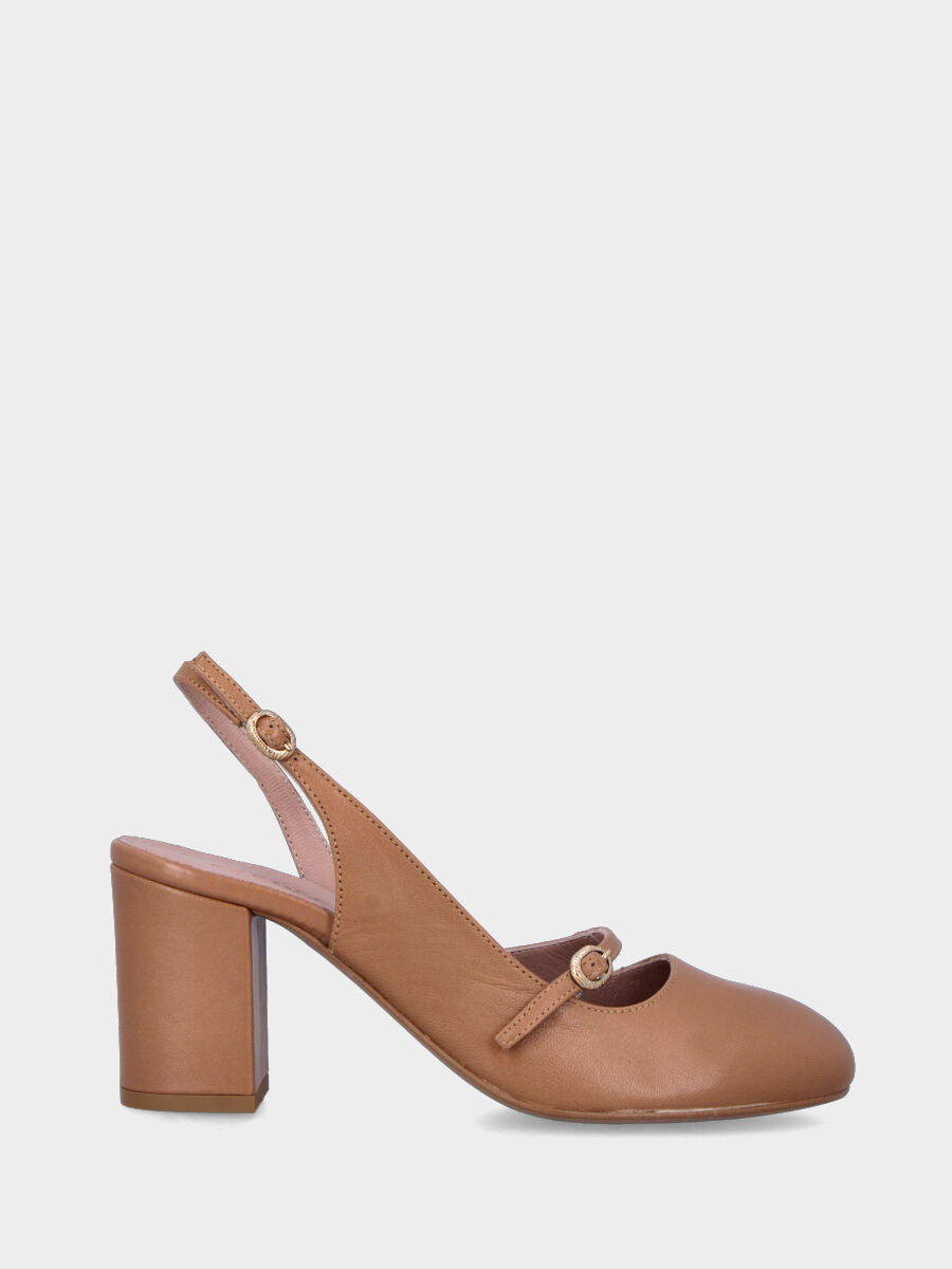 Beiger Slingback aus Leder mit runder Spitze und breitem Absatz