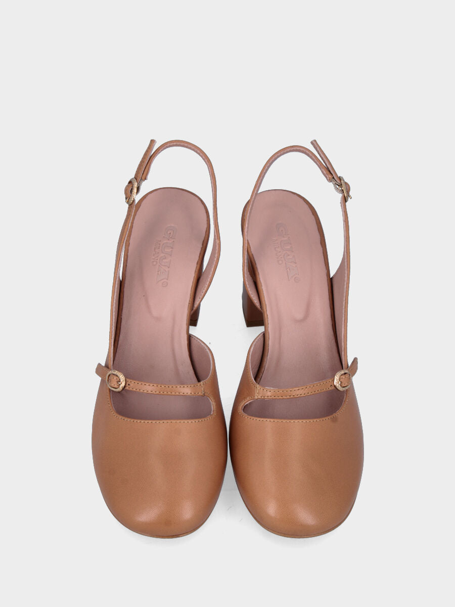Beiger Slingback aus Leder mit runder Spitze und breitem Absatz