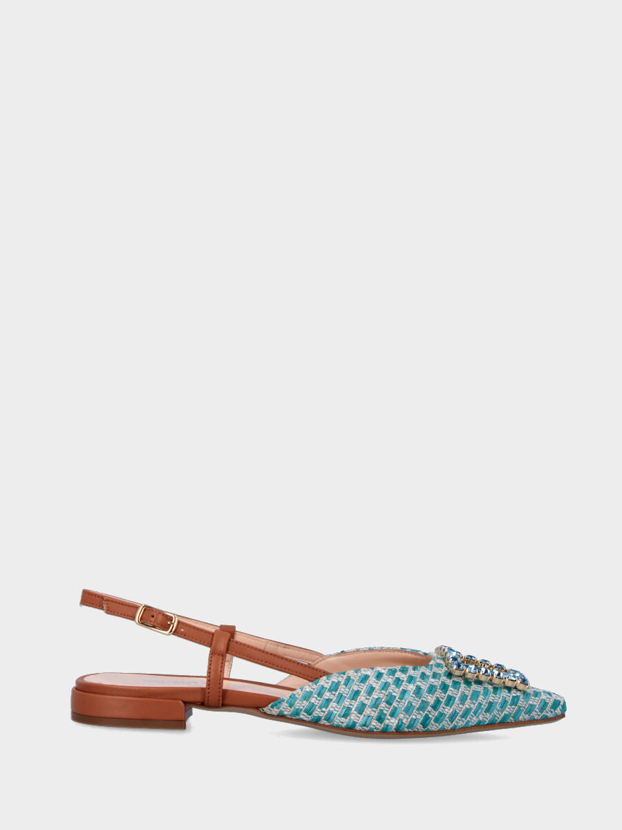 Slingback azzurra en raphia avec accessoire bijou