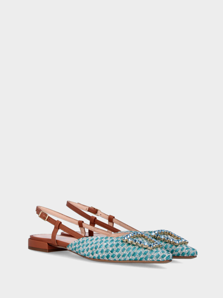 Slingback azzurra en raphia avec accessoire bijou
