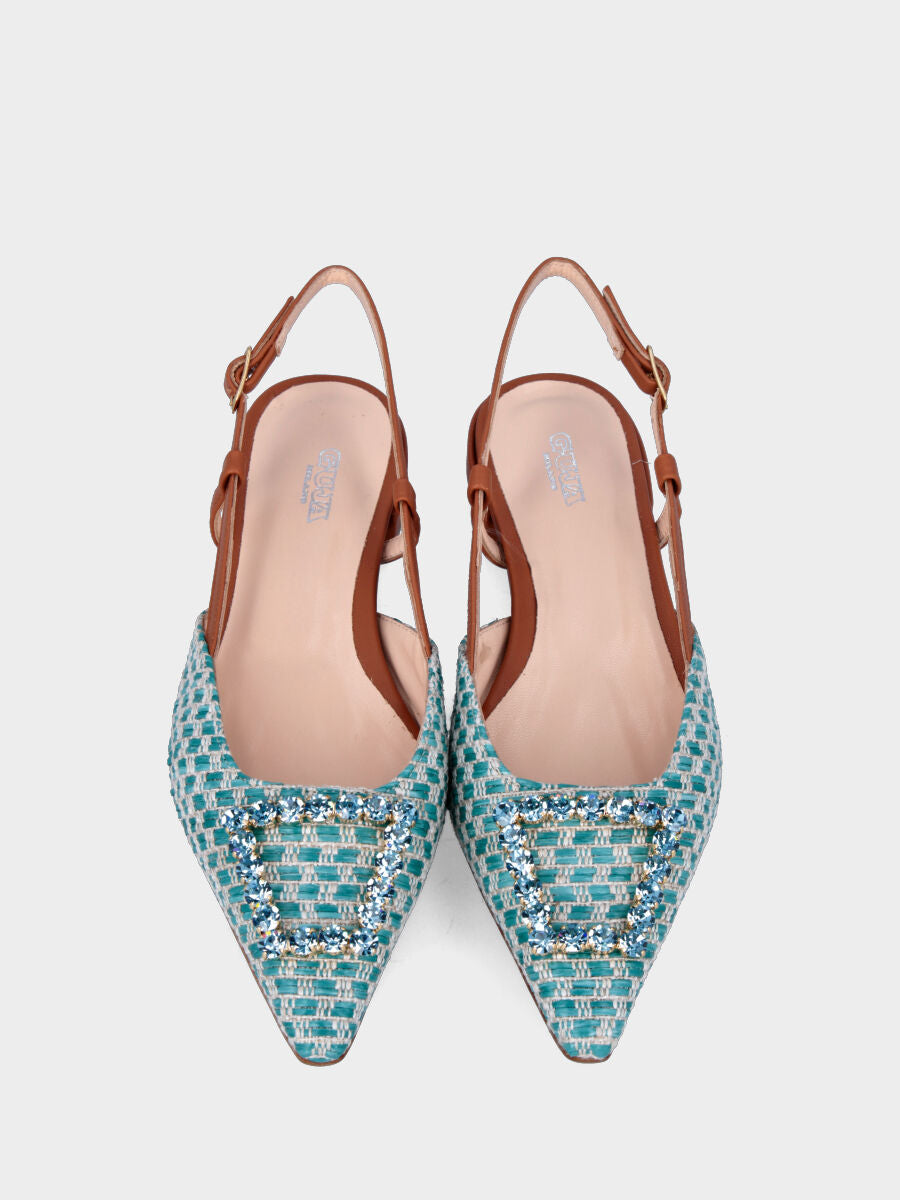 Slingback azzurra en raphia avec accessoire bijou