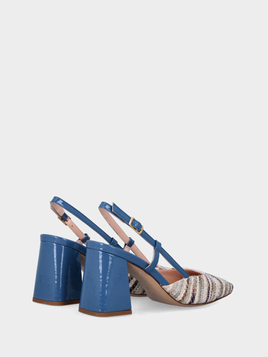 Slingback blu in vernice con tomaia in raffia
