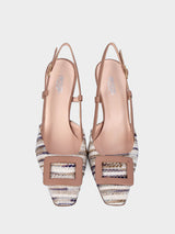 Slingback beige in pelle con tomaia in raffia e accessorio rettangolare