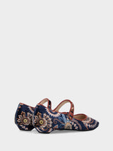 Ballerina Mary Jane in tessuto fantasia blu e marrone
