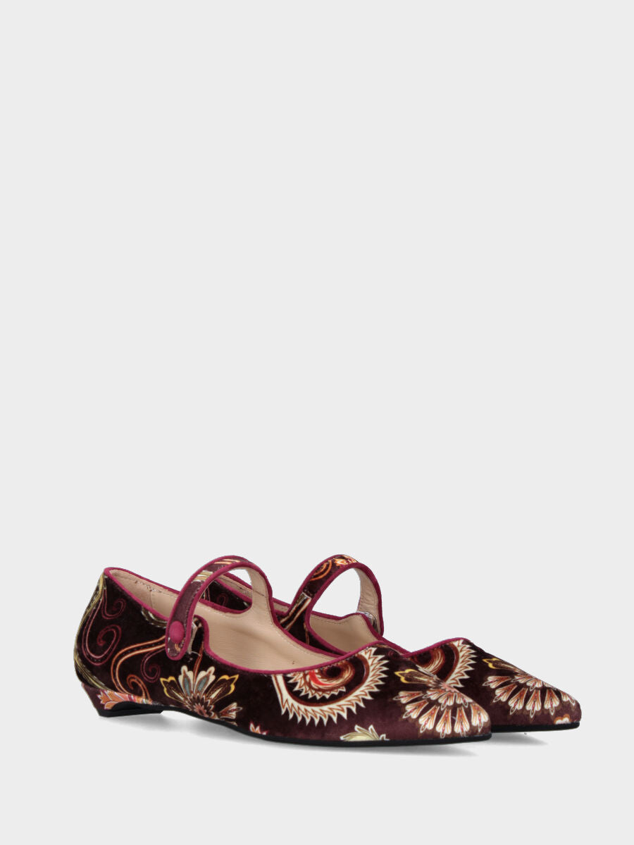 Ballet flat Mary Jane in brown and gold patterned fabric