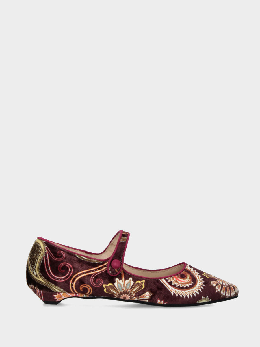 Ballet flat Mary Jane in brown and gold patterned fabric