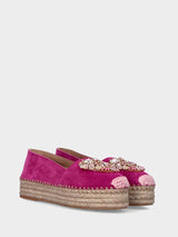 Espadrillas fucsia in pelle con strass multicolor