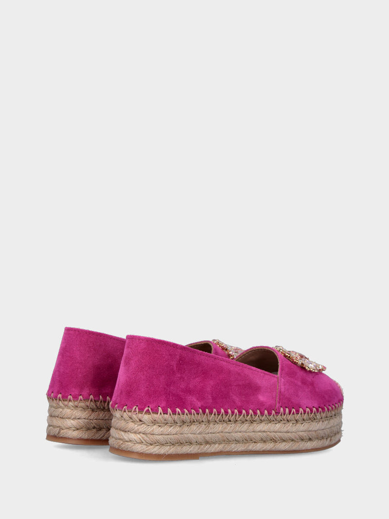 Espadrillas fucsia in pelle con strass multicolor