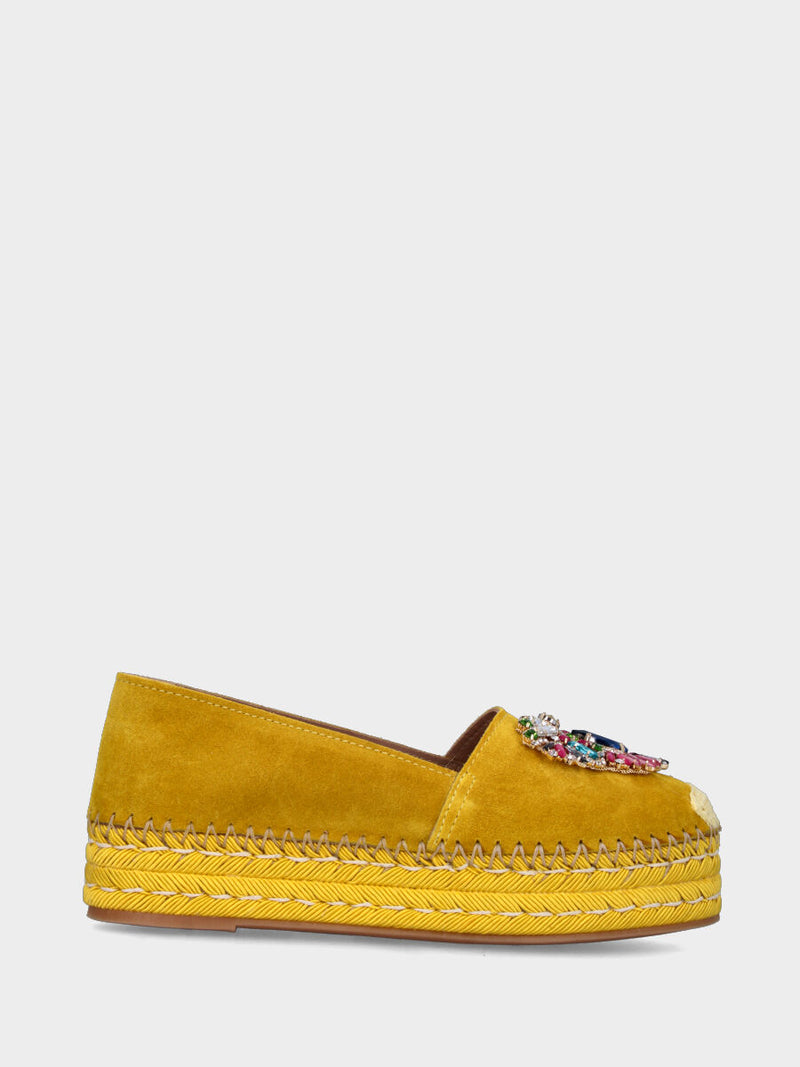 Espadrillas gialla in pelle con strass multicolor