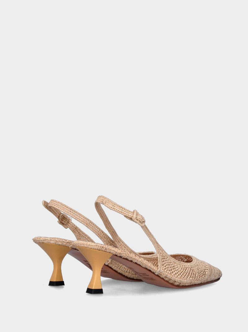 Slingback beige in rafia intrecciata con tacco a rocchetto