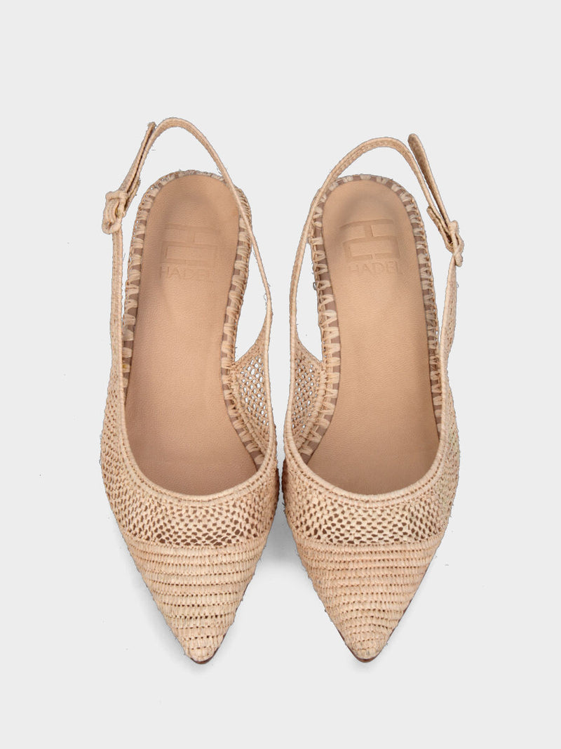 Slingback beige in rafia intrecciata con tacco a rocchetto