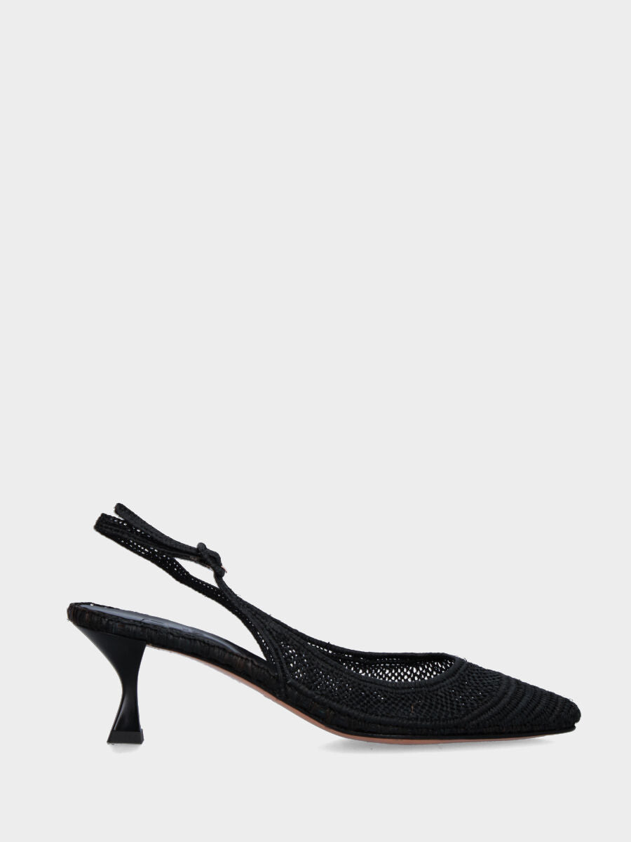 Slingback nera in rafia intrecciata con tacco a rocchetto