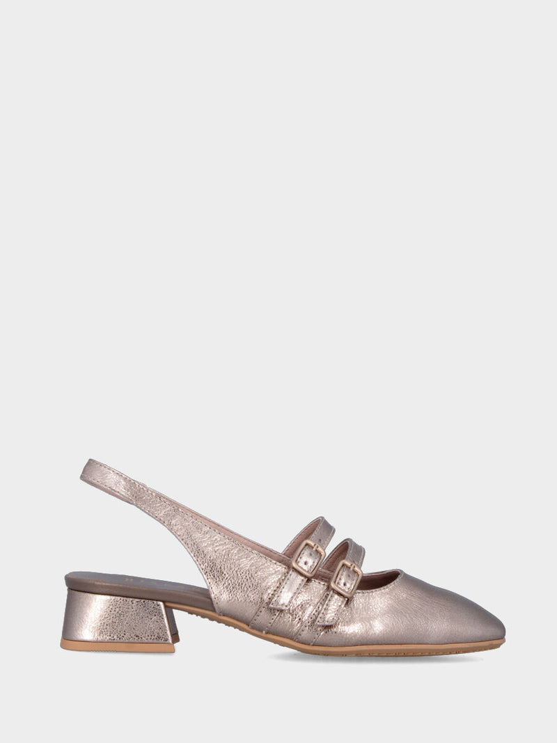 Slingback platino in pelle laminata con cinturini