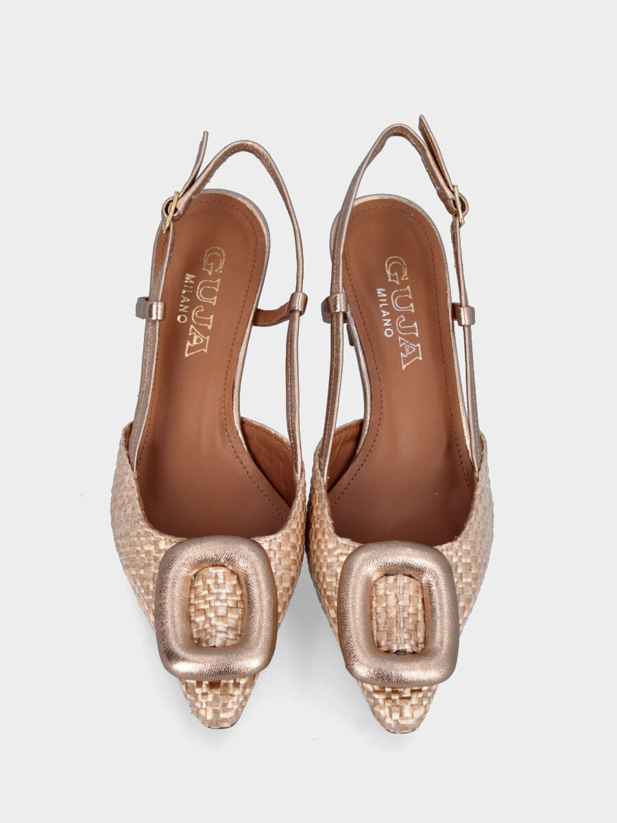 Slingback platine en raphia tressé avec accessoire anneau
