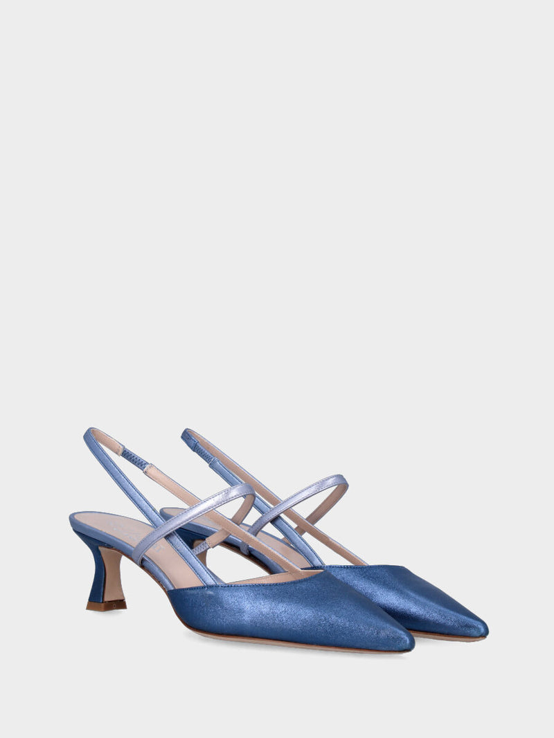 Slingback blu in pelle lamintata con listini