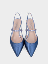 Slingback blu in pelle lamintata con listini