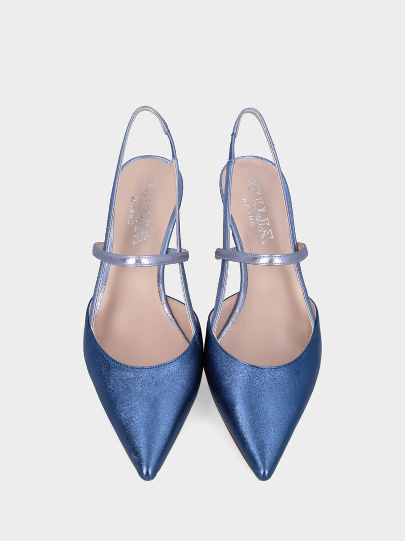 Slingback blu in pelle lamintata con listini