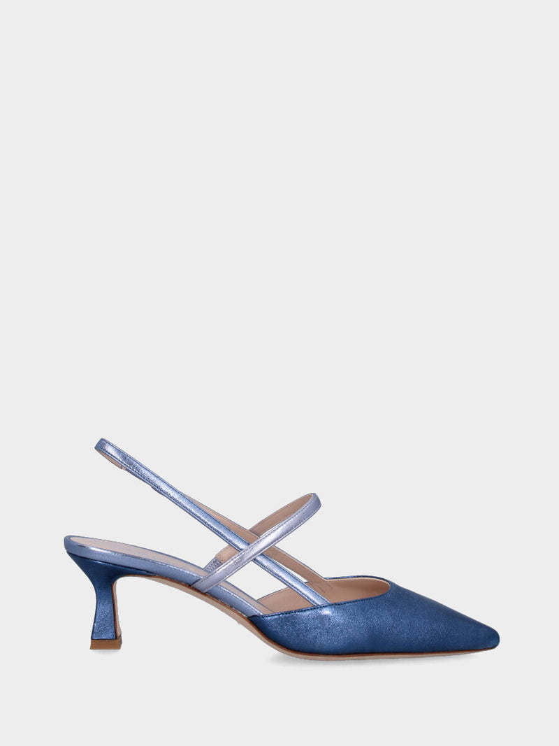 Slingback blu in pelle lamintata con listini