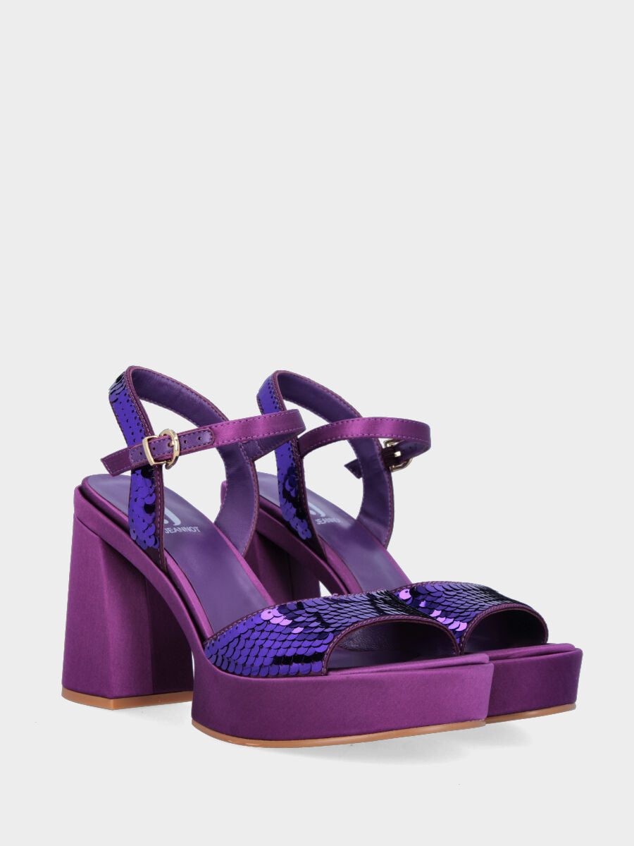 Sandalo viola in tessuto con paillettes con maxi plateau