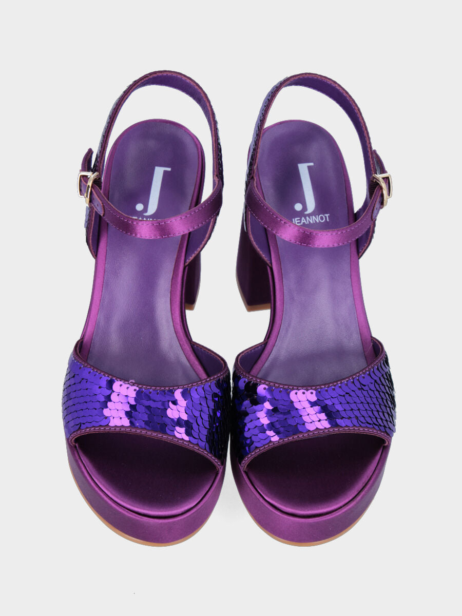 Sandalo viola in tessuto con paillettes con maxi plateau
