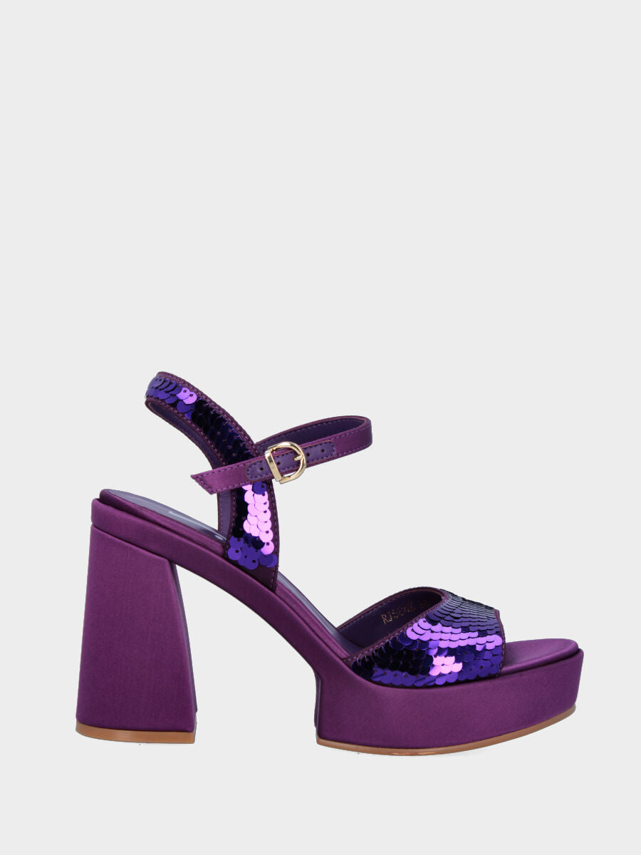 Sandalo viola in tessuto con paillettes con maxi plateau