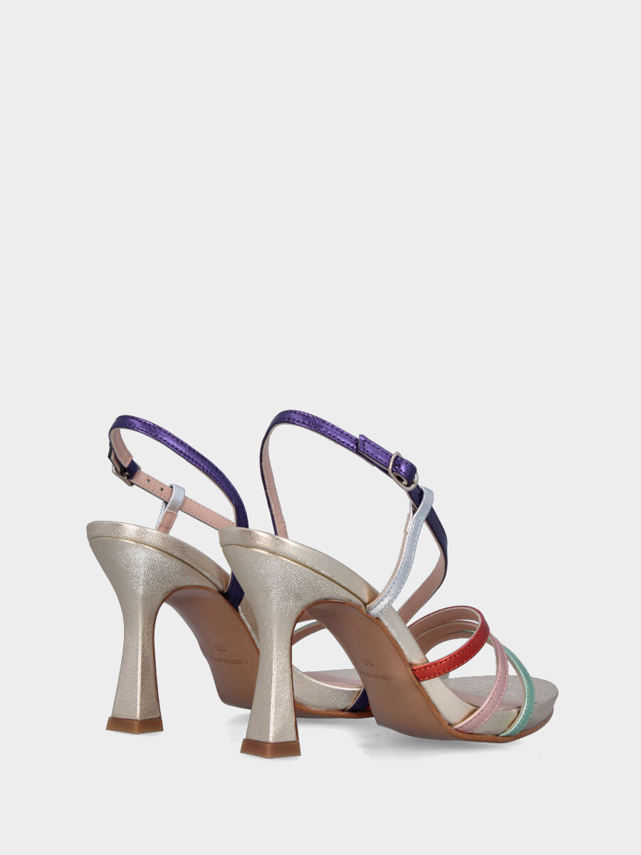 Sandalo platino in pelle laminata con listini obliqui multicolor e plateau