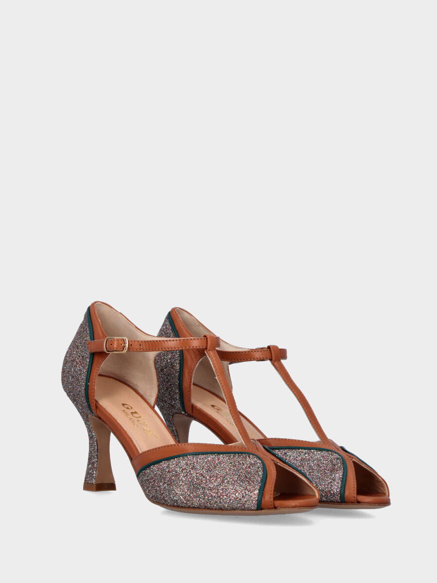 Escarpins modèle charleston en paillettes avec profil cuir