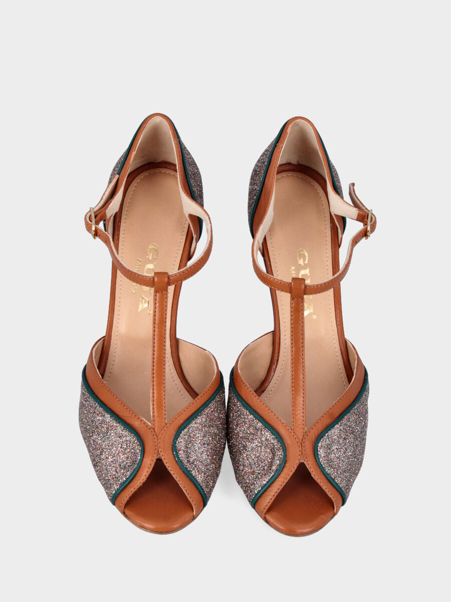 Escarpins modèle charleston en paillettes avec profil cuir