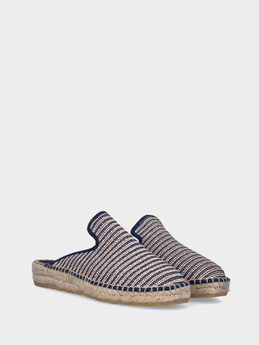 Sabot blu in tessuto a righe con zeppa in corda