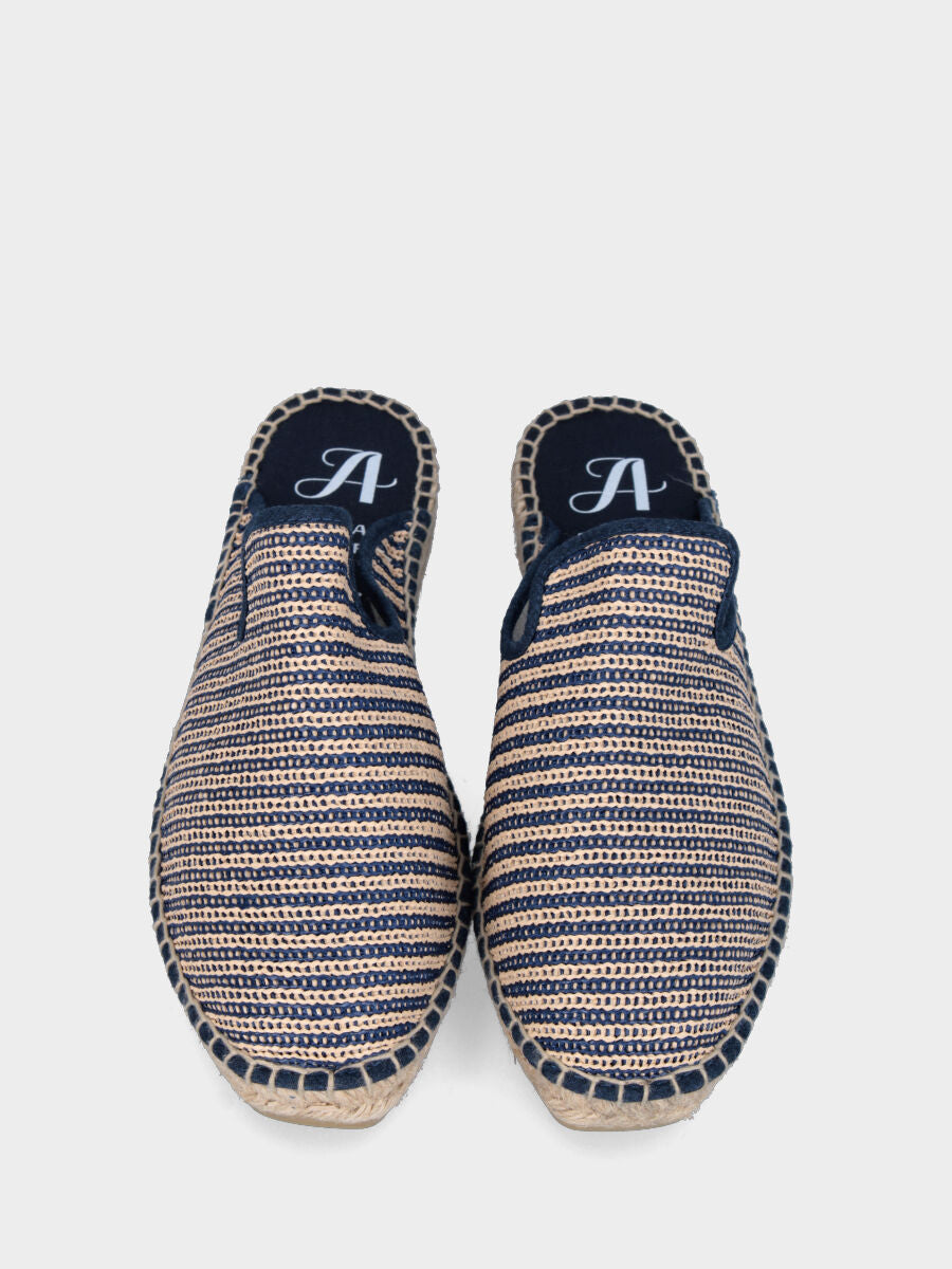 Sabot blu in tessuto a righe con zeppa in corda